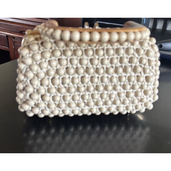VTG 1950’s Women’s Handbag Beaded Crochet Wicka Weave Wood Handle Brass Accents - Picture 2 of 10